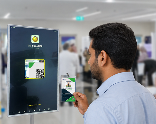 Visitor using a large interactive event kiosk
